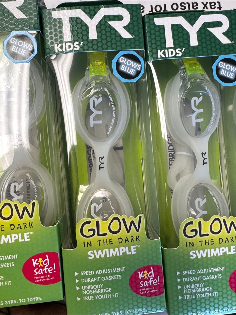 TYR Kids Glow-in-the-Dark Swim Goggles — White and Neon Green